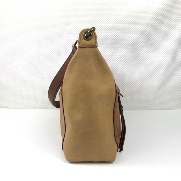 THE SAK Tan/Brown Distressed Leather Boho Hobo Shoulder Bag with Feathers Charm - Picture 5 of 12